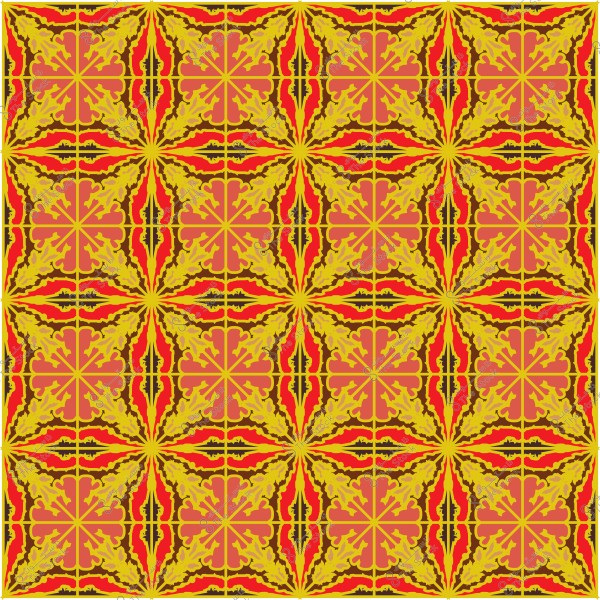 Patterned tiles with yellow, orange, and red colors, featuring an intricate design resembling floral and botanical shapes.