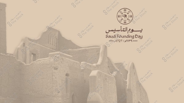 An image depicting the traditional mud-brick architecture of Diriyah in Saudi Arabia. In the upper right corner, there\'s an emblem with the text \"Saudi Founding Day\" accompanied by the dates 1727/1139. The image is rendered in light brown tones, giving it a historical appearance.