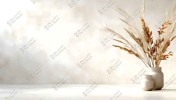 An image depicting a simple arrangement with beige vases holding clusters of dried grasses in shades of brown and beige. The background is a light beige wall that gives a serene and minimalistic ambiance to the image.