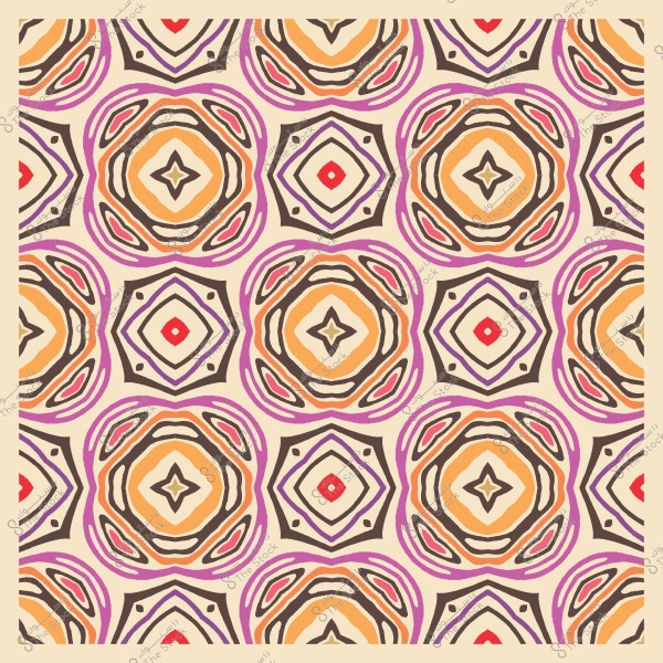 نمط هندسي متكرر يتضمن أشكالًا دائرية ومتعددة الأضلاع بألوان برتقالية وبنفسجية وبيج, تشكل تصميمًا متناظرًا معقدًا.