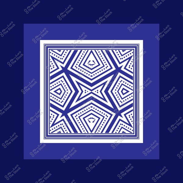 A symmetrical geometric pattern featuring an intricate design of star shapes, interlocking squares, and parallel lines in dark blue and white, arranged harmoniously within a square frame.
