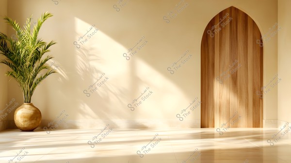 Image of a serene room with a large green plant in a golden pot on the left and an arched wooden door on the right. Natural light enters through a window, casting shadows on the beige-colored smooth walls and floor.