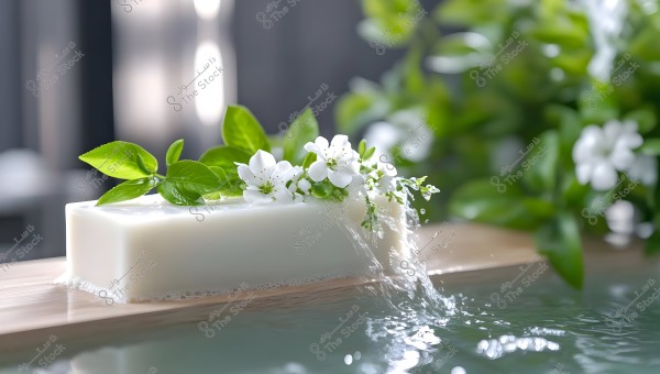 A white rectangular soap placed on a wooden edge, adorned with blooming green leaves and small white flowers. Water streams down from the soap\'s right corner, creating bubbles on the water surface below. In the background, there is a blurred effect of additional green foliage.