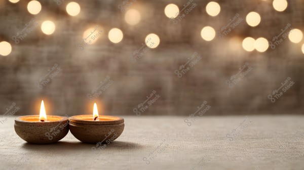 Two lit candles in wooden holders placed on a neutral-colored textured surface, with a background featuring warm bokeh lights.
