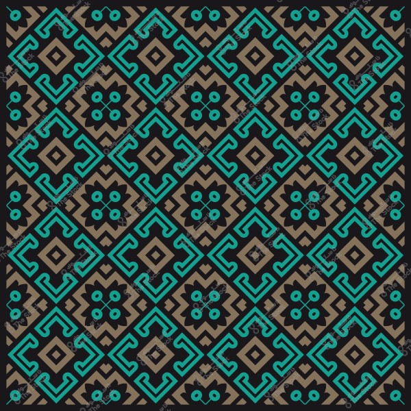 Intricate geometric pattern in blue and olive colors on a black background.