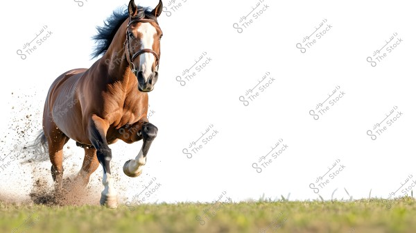 An image of a brown horse with a black mane running towards the camera over grass. The ground is covered with green grass, and dust is kicking up under the horse\'s hooves due to its speed, contrasting against a pure white background.