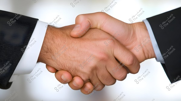 An image of a handshake between two individuals. It shows a portion of each person\'s arm, with the person on the left wearing a black suit with a white shirt, and the other person wearing a similar dark suit, suggesting a professional or formal setting.
