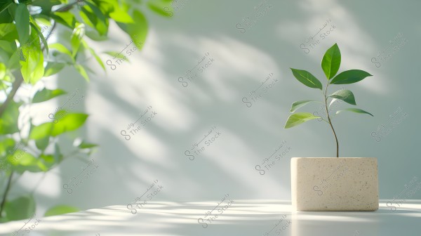 A small plant is potted in a concrete planter on a white surface. The plant consists of a thin stem and several shiny green leaves. In the background, artistic leaf shadows are cast on the light-colored wall, creating a serene atmosphere in the image.