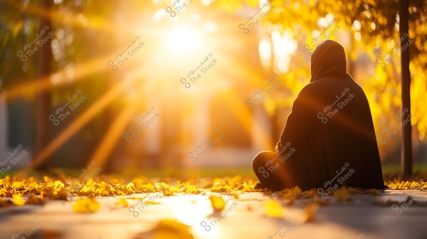 A photo of a person sitting in a park during autumn, with the sun shining brightly in the background, creating long shadows and golden rays. The ground is covered with fallen leaves. The person is wearing dark clothing and a headscarf, suggesting cool weather.