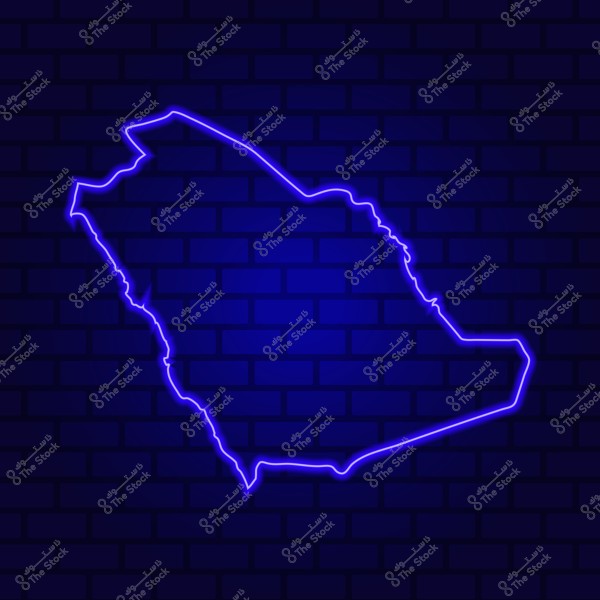 An image showing an illuminated outline of Saudi Arabia\'s borders, drawn with a bright blue neon effect against a dark brick background. The glowing lines accurately depict the outer boundaries of the country, highlighting its unique geographical shape.