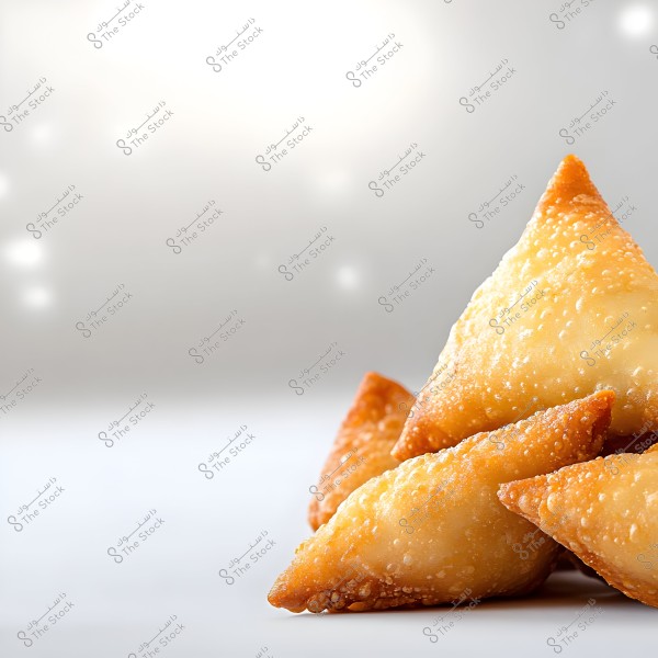 The image shows a group of golden fried samosas neatly arranged on a light-colored surface with a soft, white blurred background creating a sense of purity and distinction. The samosas are well-stuffed and fried until crispy.