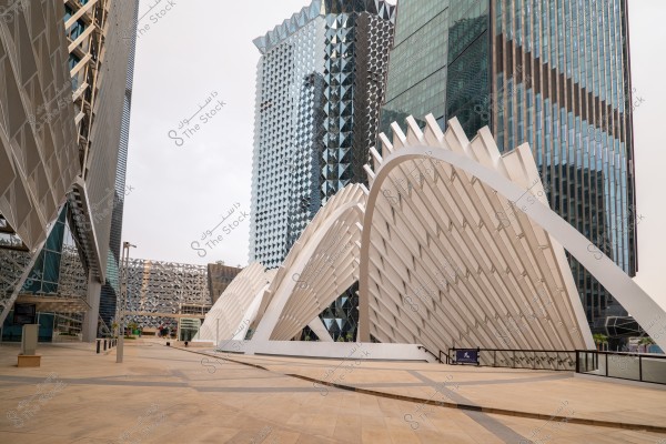 Image of a modern urban area featuring a cluster of uniquely designed buildings. The scene includes buildings with innovative use of glass and metal. The buildings are surrounded by white architectural arches that give a futuristic feel to the area. The sky is overcast, creating a calm atmosphere.