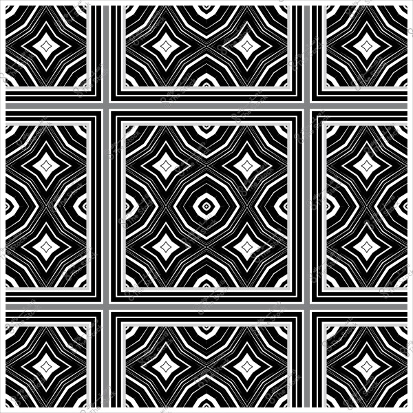 نمط هندسي أبيض وأسود متماثل يتكون من مربعات وخطوط متقاطعة وتفاصيل نجمية.