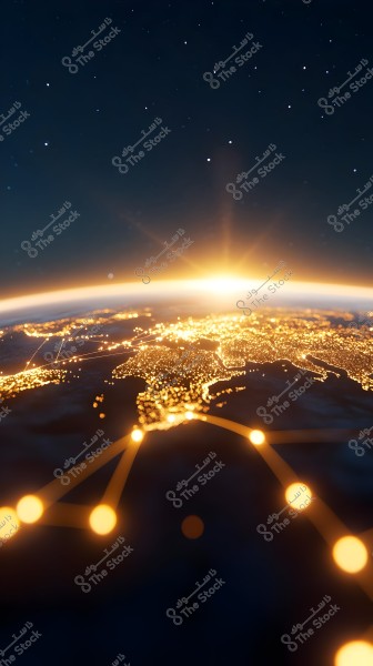 An image depicting a view of Earth from space during sunrise. Golden light lines resembling networks are prominent on the Earth\'s surface, indicating connectivity or networks. Stars are visible in the dark sky background.