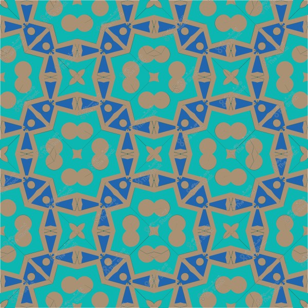 نمط هندسي إسلامي متعدد الألوان مع أشكال نجوم ومضلعات متكررة بتدرجات الأزرق والبني والفيروزي.