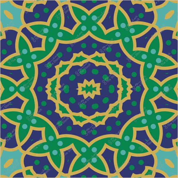 Colorful decorative design with a geometric pattern composed of circular shapes and green and blue flowers with yellow lines.