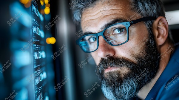 A portrait of a man wearing glasses, with distinct gray beard and hair. He is looking at a screen displaying illuminated blue data and statistics, suggesting work in information technology or data analysis. The scene conveys a professional environment with light focused on the man\'s face and the screen.
