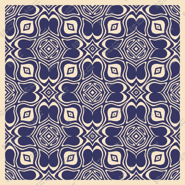 Symmetrical geometric decorative pattern in blue and beige with repeating floral and geometric shapes.