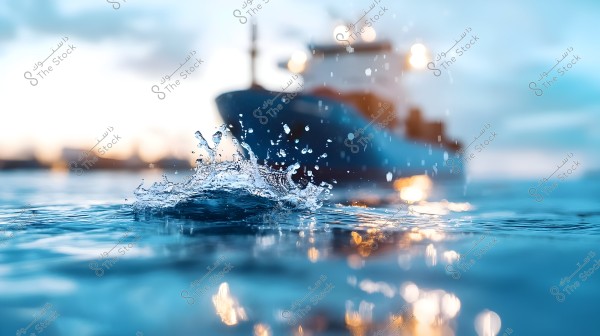 An image of water droplets splashing on the sea surface with a ship in the background moving in an unclear direction. The ship appears large and is illuminated with lights, reflecting on the water\'s surface.