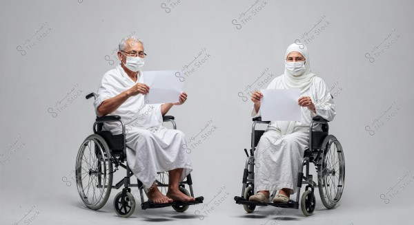 The image shows two elderly individuals sitting in wheelchairs, wearing white Ihram clothing, suggesting they might be on a pilgrimage or Umrah. They are wearing medical masks and holding white papers. The background is plain white, drawing attention to the individuals.