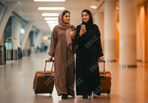 Two women wearing abayas walking in an airport with luggage. One woman is in a brown abaya and the other in a black abaya. Both are using smartphones and smiling. The setting is bright and modern with tall columns.