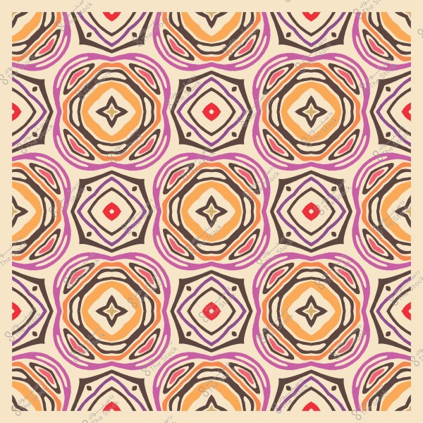 A symmetrical pattern design featuring geometric shapes in various colors such as orange, purple, pink, and brown on a white background. The shapes are arranged in a repetitive and harmonious manner, adorned with dots and lines, giving a traditional look.