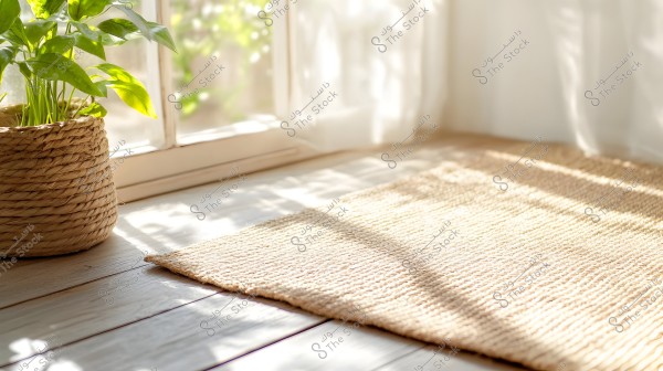 The image shows a plant in a wicker pot next to a window. Sunlight filters through white curtains, casting shadows on the wooden floor and a beige woven rug.