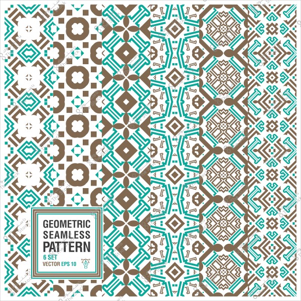 مجموعة من الأنماط الهندسية المتكررة بألوان الأزرق والبني تتكون من ستة تصاميم مختلفة.