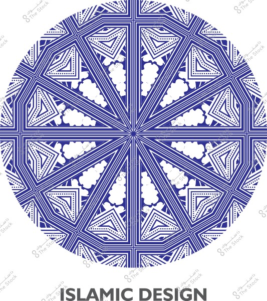 تصميم إسلامي دائري معقد بألوان زرقاء وبيضاء, يتميز بنقوش هندسية متماثلة تشمل مثلثات وزوايا, مع القليل من الأشكال السحابية الموزعة بالتساوي في التصميم. في أسفل الصورة تكتب عبارة "ISLAMIC DESIGN" باللون الرمادي.