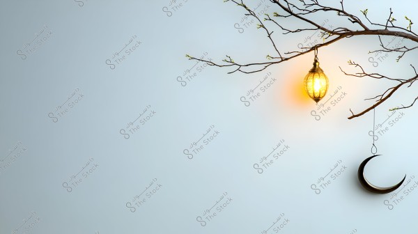 A tree branch extends from the right in the image, with an ornate lantern glowing in golden light hanging from it, and below it hangs a crescent moon. The image is minimalistic with a light blue background.