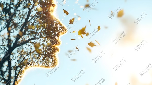 An abstract image depicting a human face formed by branches and leaves on the left side of the image, with leaves blowing in the wind towards the right. The golden lighting and light blue background give the scene a magical feel.