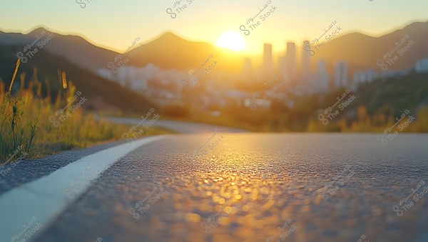 An image of a road leading towards a blurred city skyline with the sun setting behind the mountains. The road is in sharp focus near the lens with a white line in the center, while the side plants are bathed in golden sunlight.