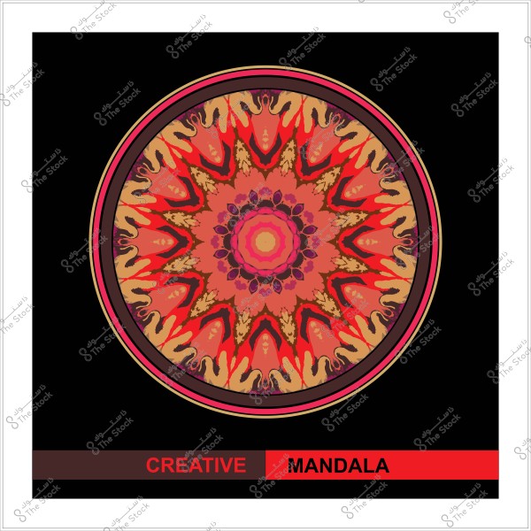 تصميم ماندالا ملون بألوان حمراء وبرتقالية, محاط بإطار أسود مكتوب تحته "CREATIVE MANDALA".