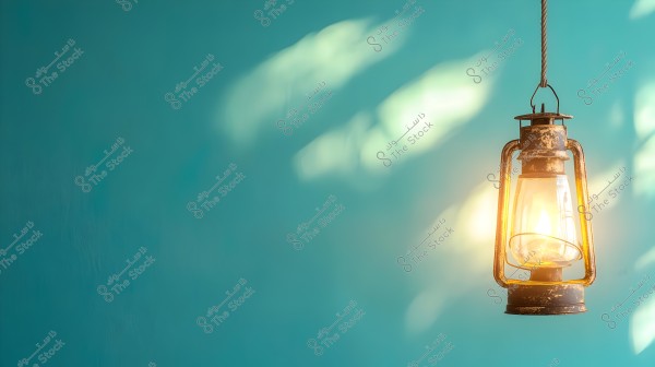 An antique hanging lamp is securely suspended from the ceiling, glowing with a warm yellow light. The lamp is made of metal and has a warm brown hue with vintage effects, giving it an old-fashioned appearance. The background is a bright turquoise with soft, leafy shadows on the wall.