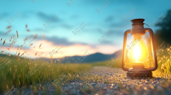 An old oil lamp lit up on a gravel path surrounded by tall grass under a clear blue sky at sunset. Silhouetted mountains and soft plants appear in the background.