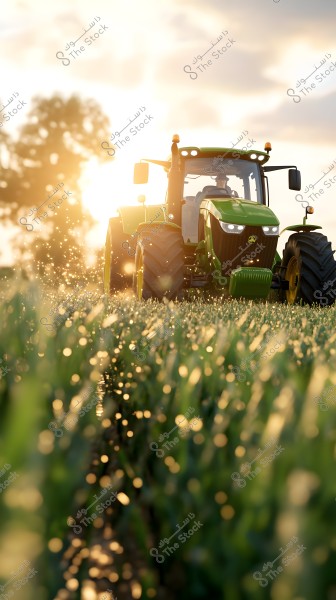 The image shows a green tractor in a field covered with sparkling droplets under warm sunlight. The sky is decorated with cloud formations as the tractor navigates through rows of green plants, conveying a sense of movement and agricultural activity.