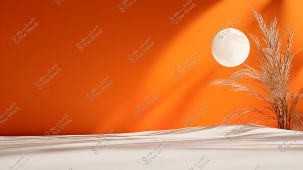 An artistic scene featuring a bright orange background with a smooth, sandy desert in the foreground. In the right corner, palm foliage adds a natural touch. A white circle representing the sun or moon is visible in the middle of the image, adding a sense of peace and nature.