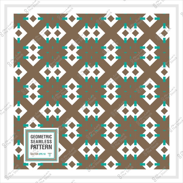 Geometric seamless pattern in white and brown with turquoise blue details.