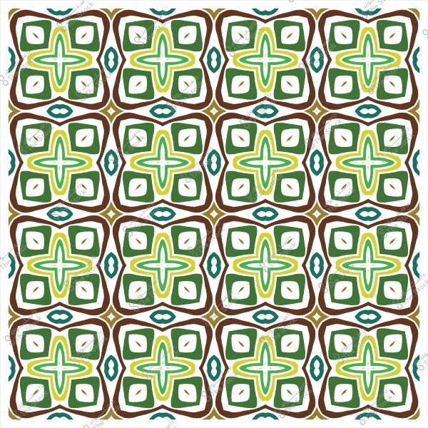 نمط هندسي متعدد الألوان بزخارف خضراء وبنية على خلفية بيضاء.