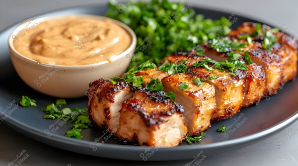 A plate featuring grilled chicken pieces topped with chopped green herbs served on a black plate. Beside the chicken, there is a small bowl of creamy brown sauce. The dish is garnished with fresh green cilantro.