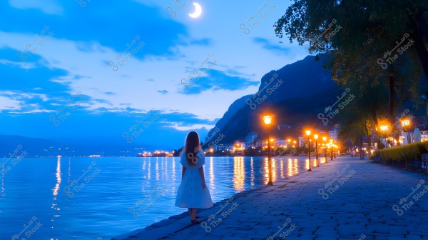 An image of a girl standing on a lakeside promenade at night. Yellow lights illuminate the path while the crescent moon’s light reflects on the water. The background features mountains and illuminated buildings. The girl is wearing a long white dress and is facing the lake.