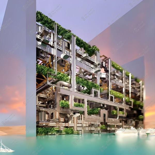 A modern architectural design of a large steel and glass structure adorned with numerous green plants on multiple levels, reflecting the concept of vertical green buildings. This structure is situated on the edge of calm water, with a sunset view and a small sailing boat seen in the background.