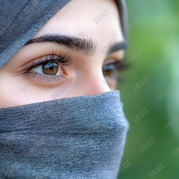A close-up image of a girl\'s face wearing a grey hijab. The focus is on the eyes and eyebrows, while the background is green and blurred.