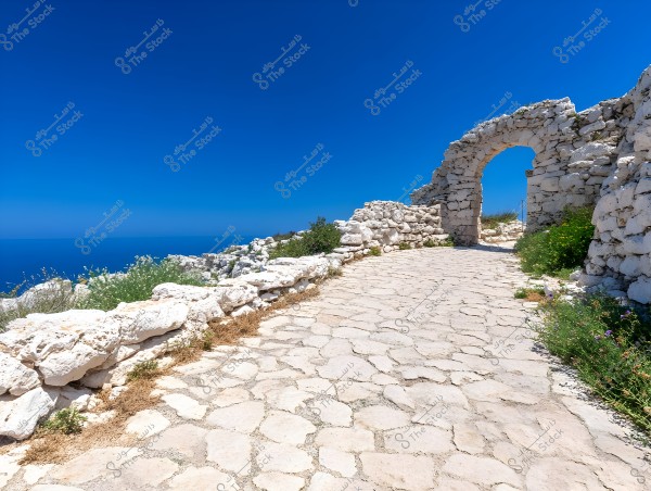 A scenic view of an ancient stone pathway surrounded by white stone walls under a clear blue sky. The path runs alongside the sea, bordered by flowers and green wild plants.