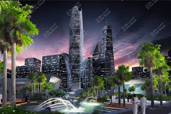 Night view of a modern city with towering, illuminated skyscrapers featuring intricate architectural designs. The sky is painted with pink and purple sunset hues, adding a dramatic atmosphere to the scene. In the foreground, palm trees and water features with lit fountains are visible. Two individuals wearing traditional Gulf attire (thobe and shemagh) are walking in the foreground, suggesting the scene might be in one of the Gulf countries.