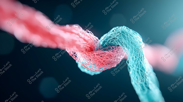 A close-up image showing the intricate details of an interwoven mesh in red and blue colors against a dark background. The mesh appears intricately woven, giving a sense of movement and dynamism.