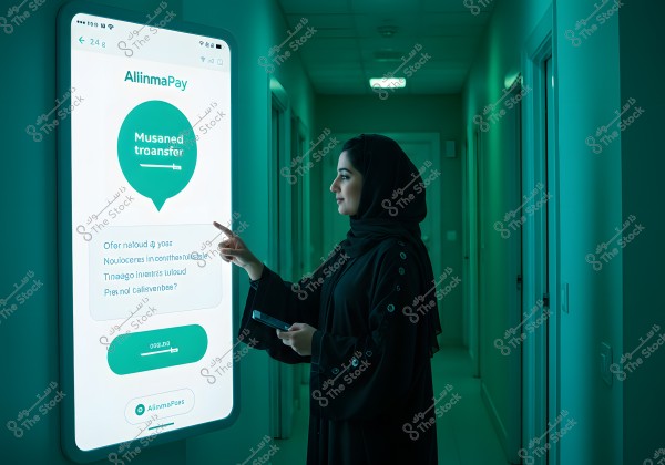 A woman wearing a black abaya and hijab stands in a dimly lit corridor, interacting with a large illuminated screen mounted on the wall. The screen displays a financial transaction app interface named \"AllinmaPay\". The woman is touching the screen as if using the service, while holding a mobile device in her other hand.