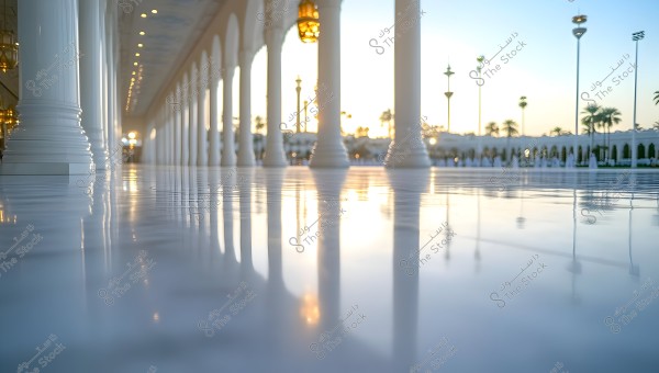 Image of a corridor adorned with white columns in consecutive rows, showcasing the reflection of the columns and lighting on the glossy floor. In the background, there are fountains and palm trees in the soft light of the setting sun.