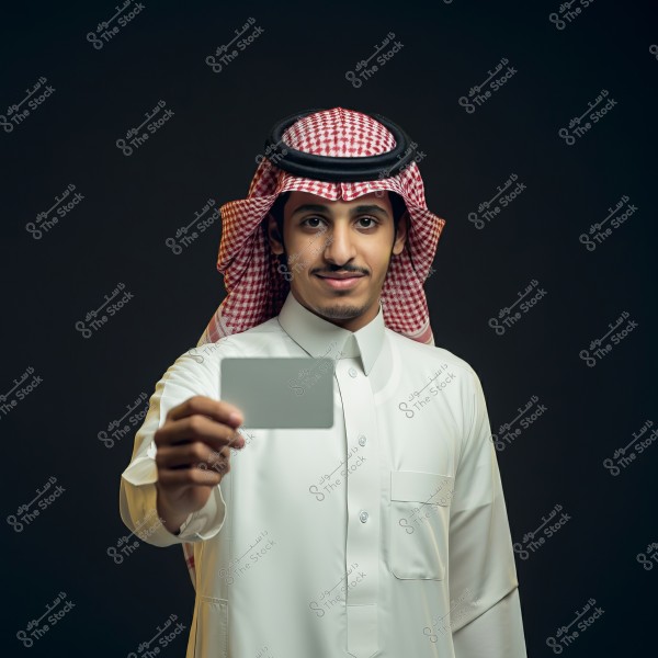 A portrait of a man wearing traditional Saudi attire, including a thobe, ghutra, and agal, standing with a smile against a dark studio background. He is holding a white card towards the camera.