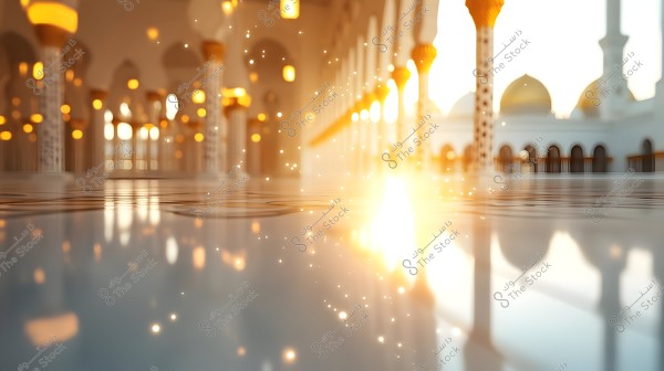 Image of the interior of a mosque with rows of ornate columns lit by soft golden lights scattered throughout the space, with bright light reflecting across the smooth floor. Decorative domes appear in the luminous background.